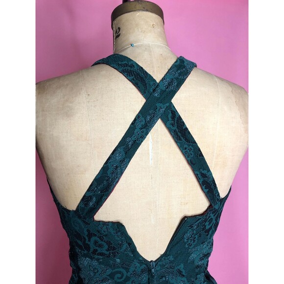1990s JESSICA McCLINTOCK Green HALTER Criss Cross Maxi Dress W/LACE Overlay. S-M - Picture 7 of 10